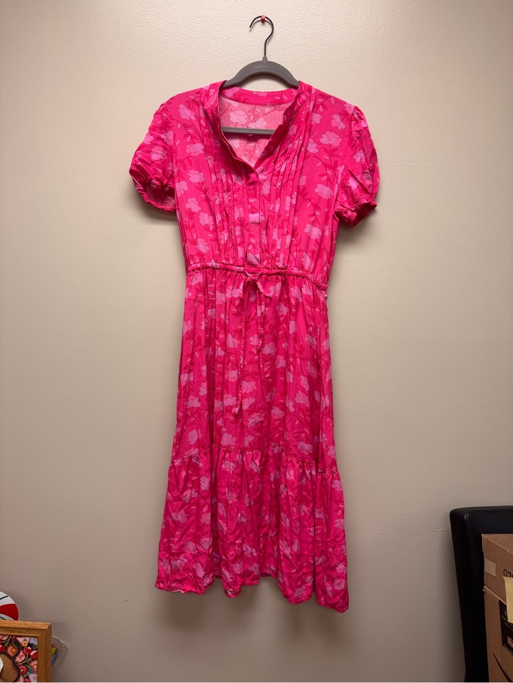 Bright Pink Floral Tie-Waist Midi Dress